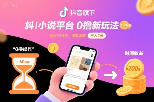 抖音旗下小说平台0撸新玩法，每天挂G60分钟，简单无脑，日入2张【揭秘】|云雀资源分享
