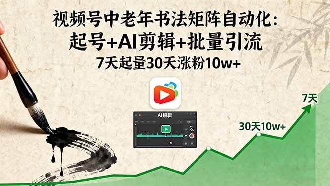 视频号中老年书法矩阵自动化：起号+AI剪辑+批量引流 7天起量30天涨粉10w+|云雀资源分享