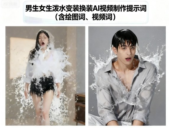 男生女生泼水变装换装AI视频制作提示词(含绘图词、视频词)|云雀资源分享