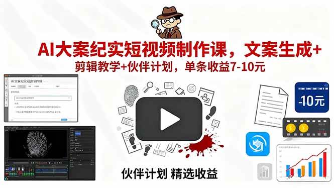 AI大案纪实短视频制作课，文案生成+剪辑教学+伙伴计划，单条收益7-10元|云雀资源分享