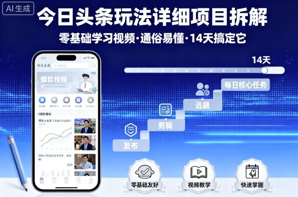 今日头条玩法详细项目拆解，零基础学习视频 通俗易懂 14天搞定它|云雀资源分享