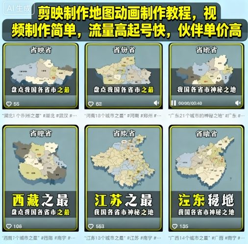 剪映制作地图动画制作教程，视频制作简单，流量高起号快，伙伴单价高|云雀资源分享