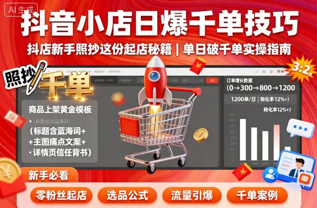 抖音小店日爆千单技巧，抖店新手照抄这份起店秘籍，单日破千单|云雀资源分享