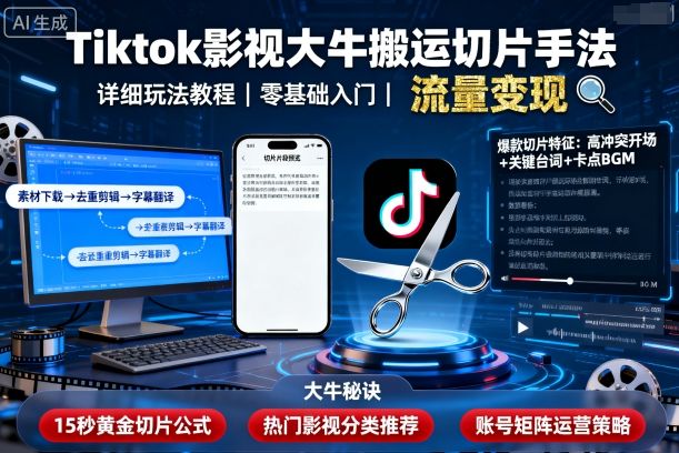 Tiktok影视大牛搬运切片手法，详细玩法教程|云雀资源分享