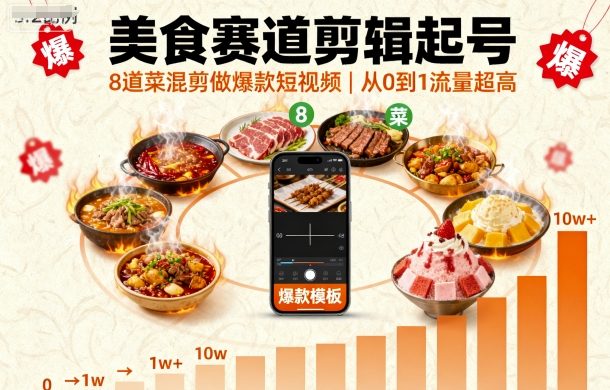 美食赛道剪辑起号，8道菜混剪做爆款短视频，从0到1，流量超高|云雀资源分享
