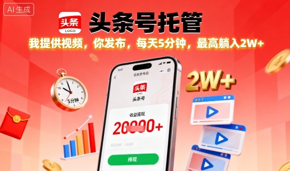 【头条号托管】我提供视频，你发布，每天5分钟，最高躺入2W+【揭秘】|云雀资源分享