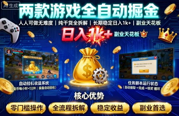 两款游戏全自动掘金，人人可做无难度，纯干货全拆解，长期稳定，日入1k+，副业天花板【揭秘】|云雀资源分享