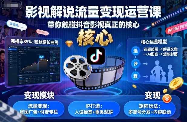 影视解说流量变现运营课，带你触碰抖音影视真正的核心|云雀资源分享