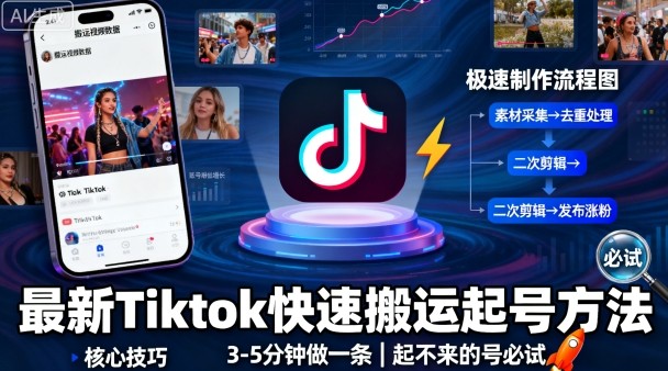 最新Tiktok快速搬运快速起号方法，3-5分钟做一条，起不来的号可以试试|云雀资源分享