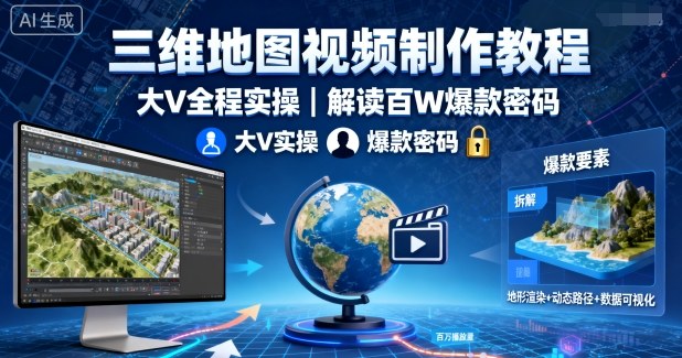 三维地图视频制作教程，大V全程实操，解读百W爆款密码|云雀资源分享
