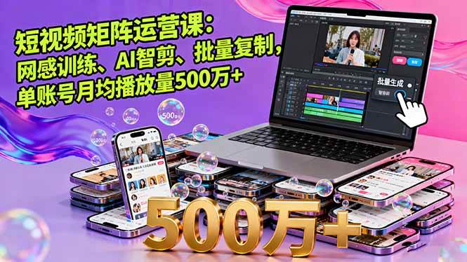 短视频矩阵运营课：网感训练、AI智剪、批量复制，单账号月均播放量500万+|云雀资源分享