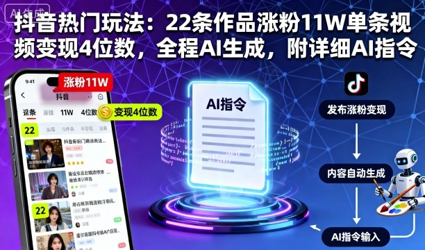 抖音热门玩法：22条作品涨粉11W单条视频变现4位数，全程AI生成，附详细AI指令|云雀资源分享