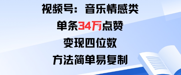 视频号分成计划新玩法：音乐情感类单条34W点赞，变现四位数，方法简单易复制|云雀资源分享