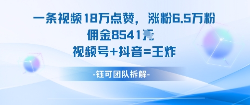 一条视频18W点赞，涨粉6.5W粉佣金8541米，视频号+抖音=王炸|云雀资源分享