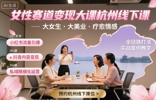 女性赛道变现大课杭州线下，大女生，大美业，疗愈情感，一套小红书、抖音、私域全链路打法|云雀资源分享