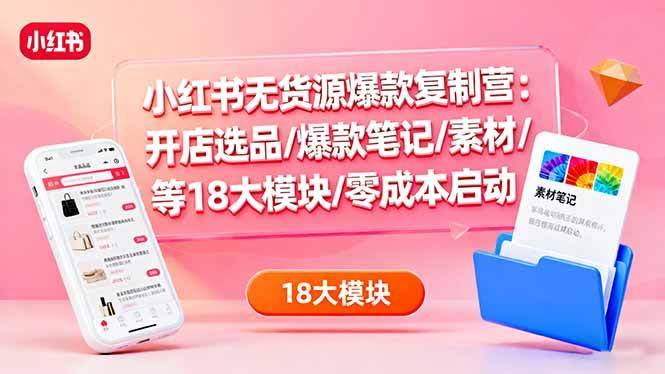 小红书无货源爆款复制营：开店选品/爆款笔记/素材/等18大模块/零成本启动|云雀资源分享