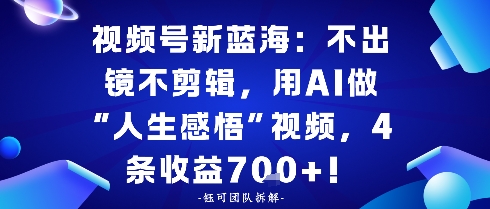 视频号新蓝海：不出镜不剪辑，用AI做“人生感悟”视频，4条收益7张|云雀资源分享
