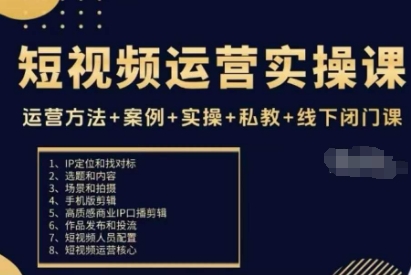 短视频运营实操课，运营方法+案例+实操+私教+线下闭门课|云雀资源分享