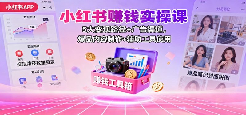 小红书赚钱实操课：5大变现路径+广告渠道，爆品内容制作+辅助工具使用|云雀资源分享