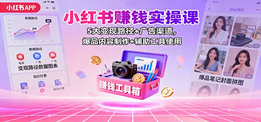 小红书赚钱实操课:5大变现路径+广告渠道,爆品内容制作+辅助工具使用|云雀资源分享