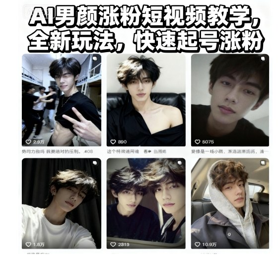 AI男颜涨粉短视频教学，全新玩法，快速起号涨粉|云雀资源分享