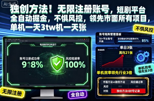 独创方法！无限注册账号，短剧平台全自动掘金，不惧风控，领先市面所有项目，单机一天3张【揭秘】|云雀资源分享