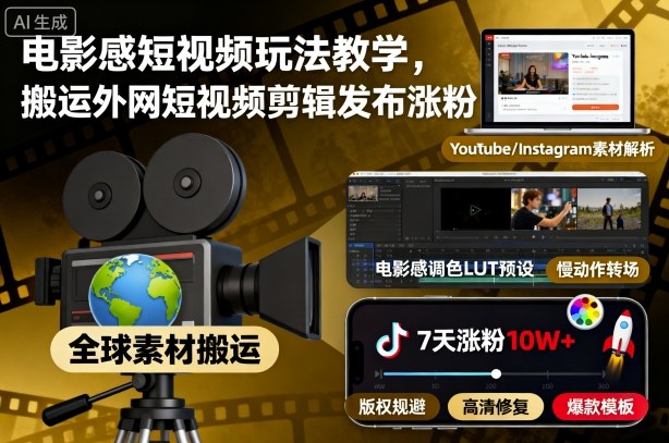 电影感短视频玩法教学，搬运外网短视频剪辑发布涨粉|云雀资源分享