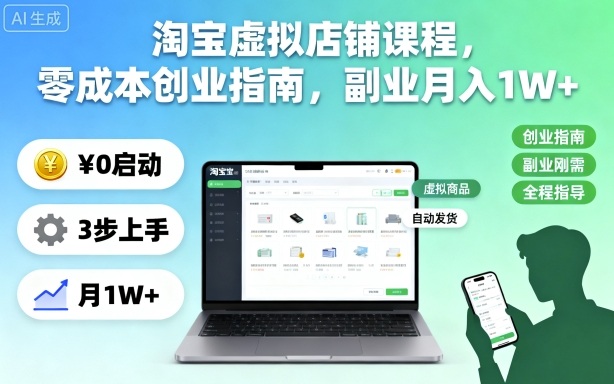 淘宝虚拟店铺课程，零成本创业指南，副业月入1W+|云雀资源分享