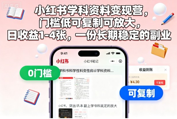 小红书学科资料变现营，门槛低可复制可放大，日收益1-4张，一份长期稳定的副业|云雀资源分享