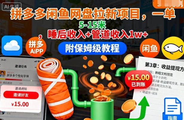 拼多多闲鱼网盘拉新项目，一单5-15米，睡后收入+管道收入1w+（附保姆级教程）|云雀资源分享