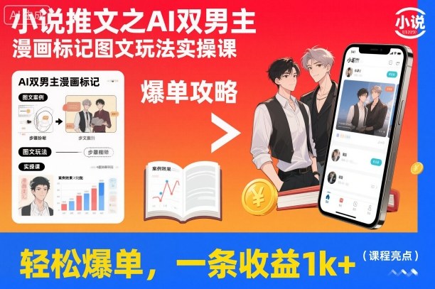小说推文之AI双男主漫画标记图文玩法实操课，轻松爆单，一条收益1k+|云雀资源分享