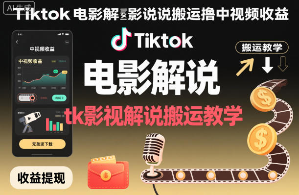 Tiktok电影解说搬运撸中视频收益,tk影视解说搬运教学|云雀资源分享
