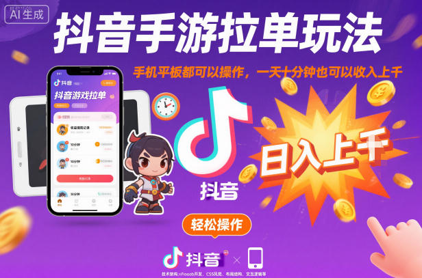 抖音手游拉单玩法，手机平板都可以操作，一天十分钟也可以收入上K【揭秘】|云雀资源分享