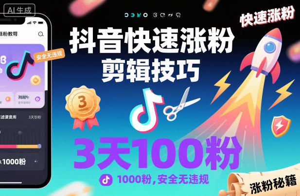 抖音快速涨粉剪辑技巧,3天1000粉,安全无违规|云雀资源分享