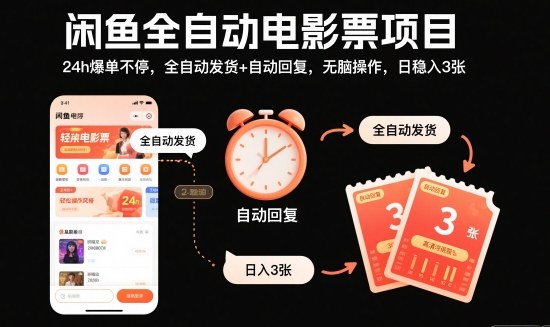 闲鱼全自动电影票项目，24h爆单不停，全自动发货+自动回复，无脑操作，日稳入3张【揭秘】|云雀资源分享