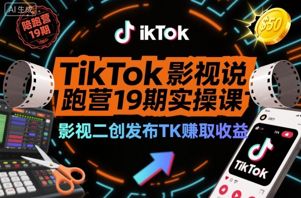 TikTok影视解说陪跑营19期实操课,影视二创发布TK賺取收益,万播收益50美金|云雀资源分享