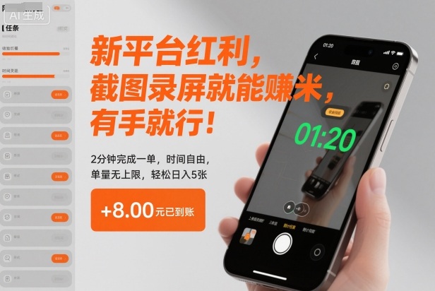 新平台红利，截图录屏就能賺米，有手就行！2分钟完成一单，时间自由，单量无上限，轻松日入5张【揭秘】|云雀资源分享