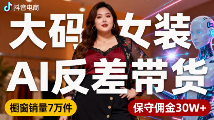抖音小众赛道，大码女装AI反差带货，不用直播，每天6条作品，橱窗卖7万件，保守佣金30W+|云雀资源分享