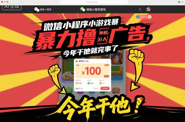 微信小程序小游戏暴力撸广告,单机日入100,今年干他就完事了|云雀资源分享