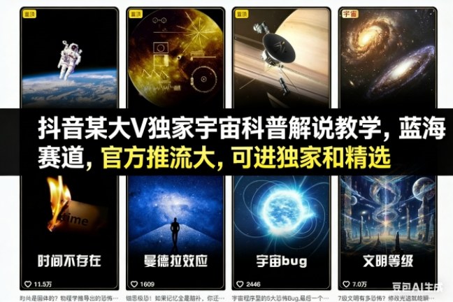抖音某大V独家宇宙科普解说教学，蓝海赛道，官方推流大，可进独家和精选|云雀资源分享