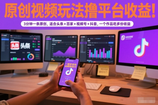 原创视频玩法撸平台收益,3分钟一条原创,适合头条+百家+视频号+抖音,一个作品吃多份收益|云雀资源分享