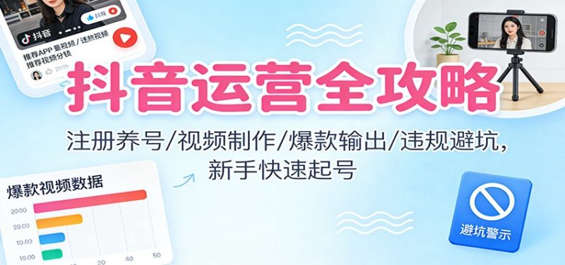 抖音运营全攻略:注册养号/视频制作/爆款输出/违规避坑,新手快速起号|云雀资源分享