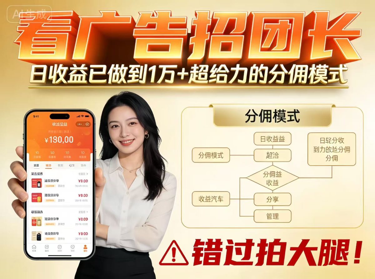 看广告招团长，团队收益已做到日入1万，分佣模式超给力，错过拍大腿|云雀资源分享