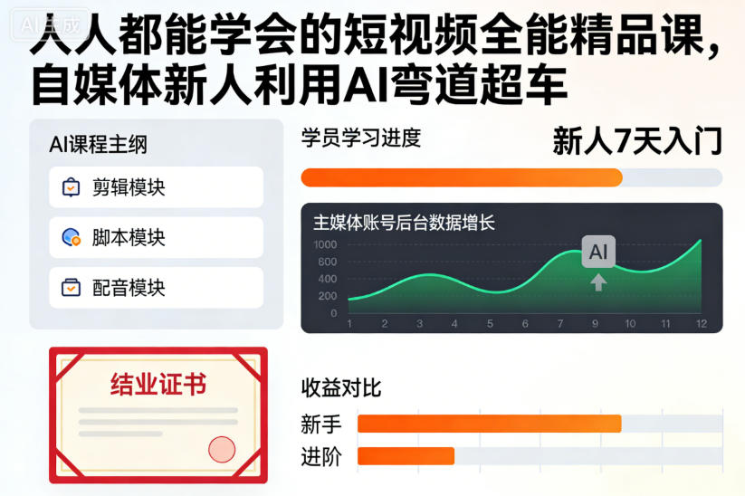 人人都能学会的短视频全能精品课，自媒体新人利用AI弯道超车|云雀资源分享