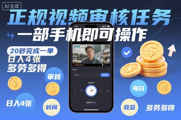 正规视频审核任务,一部手机即可操作,20秒完成一单,日入4张,多劳多得【揭秘】|云雀资源分享