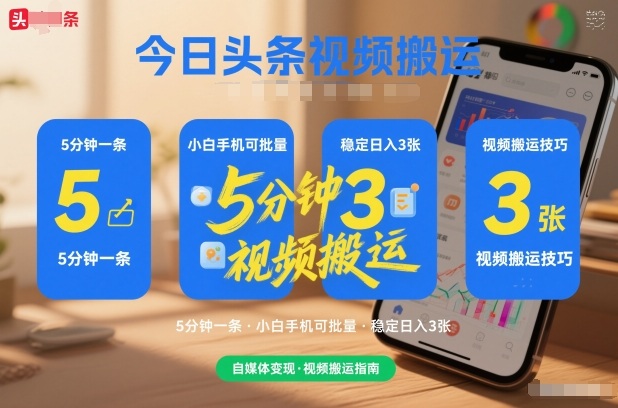 今日头条视频搬运，5分钟一条，小白手机可批量，稳定日入3张|云雀资源分享