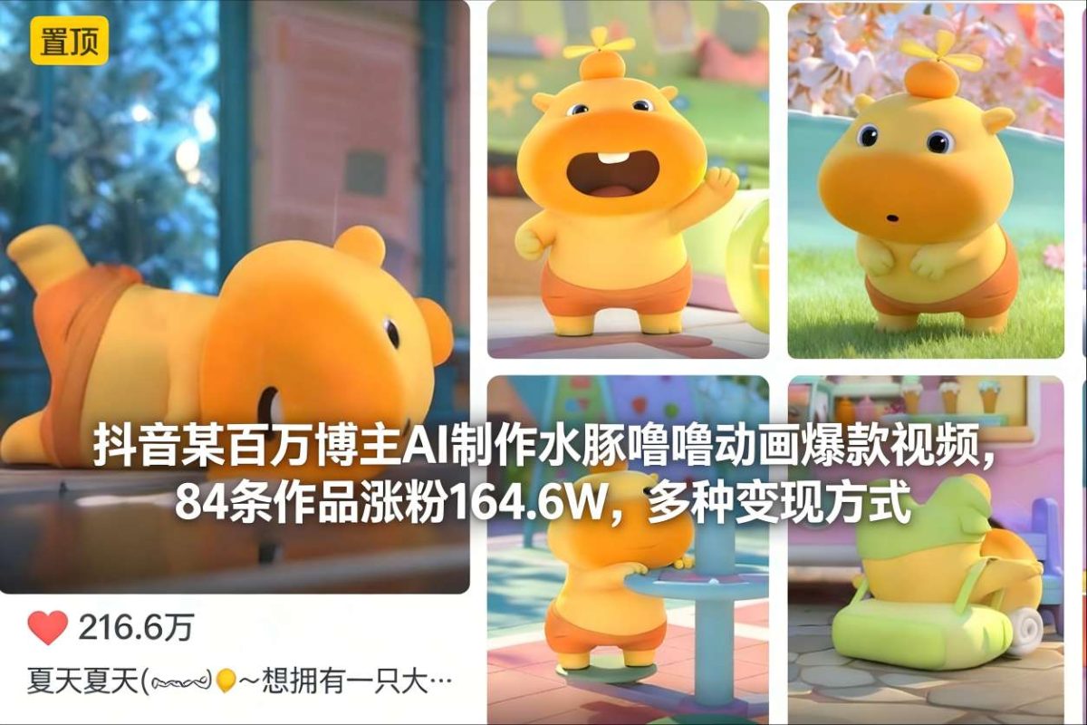 抖音某百万博主AI制作水豚噜噜动画爆款视频，84条作品涨粉164.6W，多种变现方式|云雀资源分享