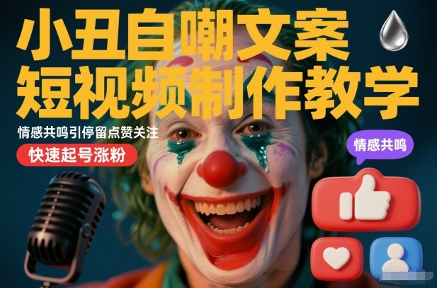 小丑自嘲文案短视频制作教学，情感共鸣引停留点赞关注，快速起号涨粉|云雀资源分享