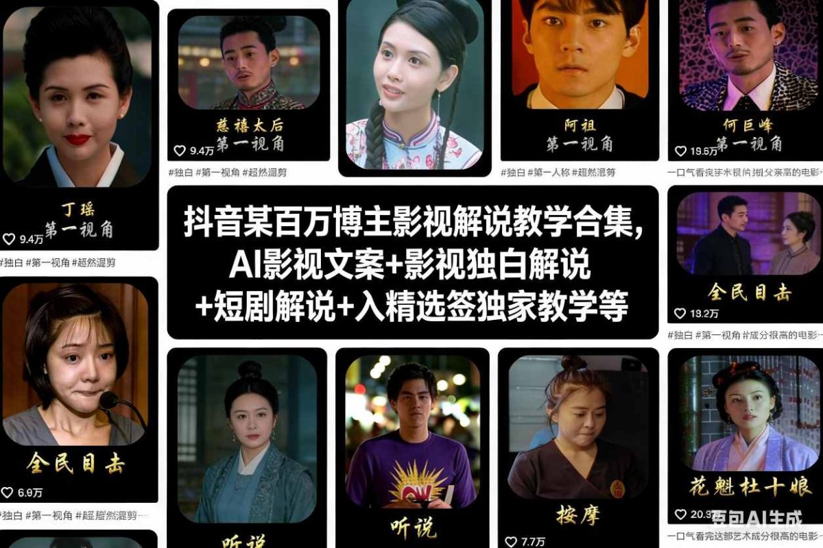 抖音某百万博主影视解说教学合集，AI影视文案+影视独白解说+短剧解说+入精选签独家教学等|云雀资源分享