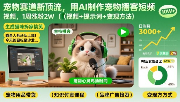 宠物赛道新顶流，用AI制作宠物播客短视频，1周涨粉2W（视频+提示词+变现方法）|云雀资源分享